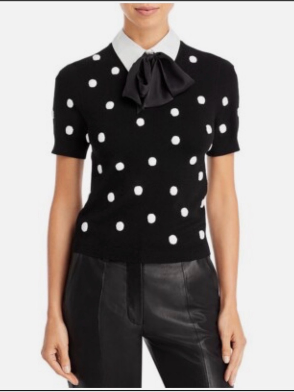 Alice + Olivia Black Polka Dot Short-Sleeve Knit Top with White Collar